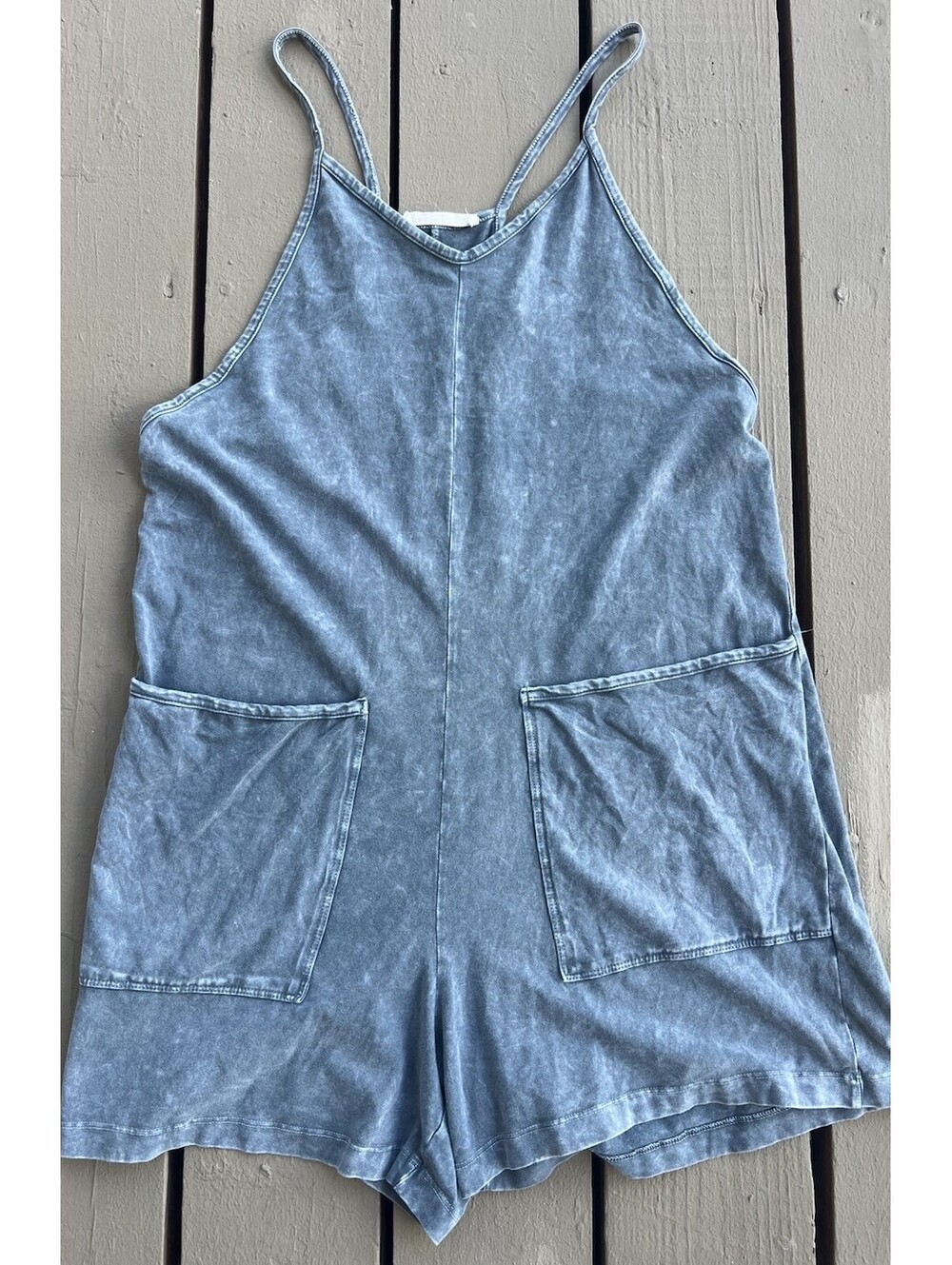 Rae Mode Womena Spaghetti Acid Wash Blue Cotton Blend Shortall Romper size S